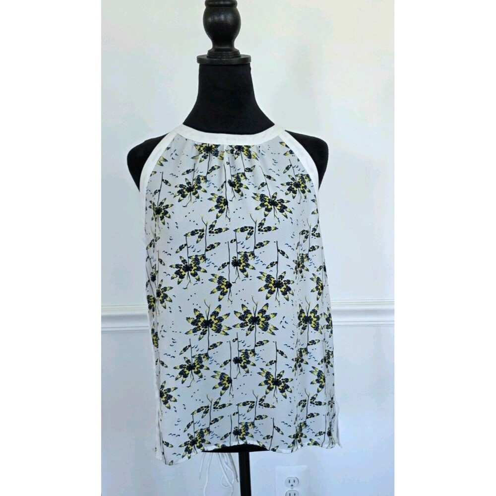 COLLECTIVE CONCEPTS Floral Halter Blouse Women's Ivory Tie Neck Sleeveless Top M